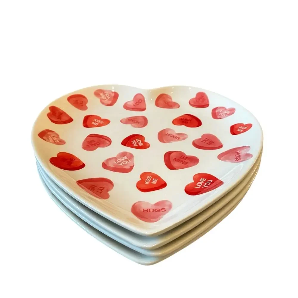 4 Maxcera Conversation Heart Valentine Dinner Plates 10in Ceramic Red & White